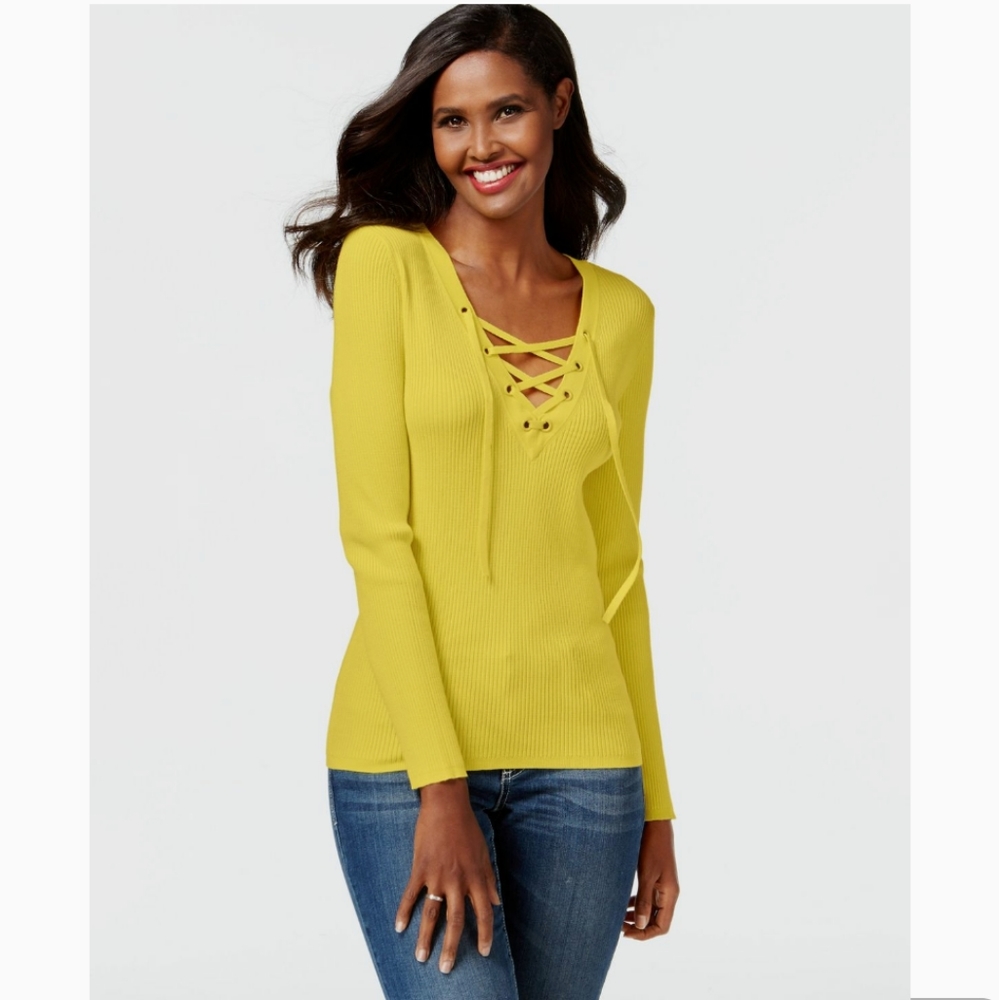 💛INC 💛 yellow Solid Lace-up Ribbed Sweater NWT S